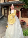 Hanbok Gấm Cao Cấp Chuẩn Hàn Áo Vàng Váy Trắng Kem