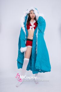 Áo Choàng Xanh Viền Lông Có Tay Có Mũ Trùm Vải Nỉ Giấy Xốp