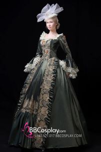 Đầm Nữ Hoàng Châu Âu Vintage Xanh Rêu