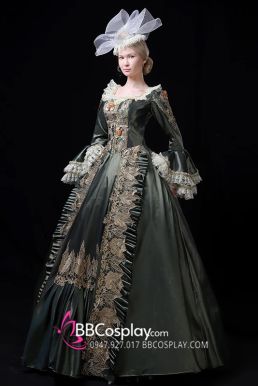 Đầm Nữ Hoàng Châu Âu Vintage Xanh Rêu