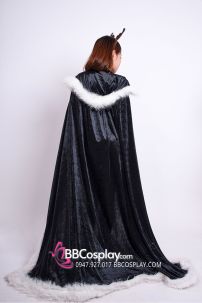 Áo Choàng Đen Viền Lông Có Mũ Trùm KHÔNG TAY Vải Nhung