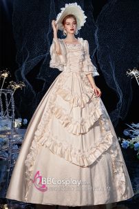 Đầm Tiểu Thư Trắng Vintage Xếp Tầng Quý Phái