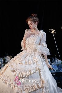 Đầm Tiểu Thư Trắng Vintage Xếp Tầng Quý Phái