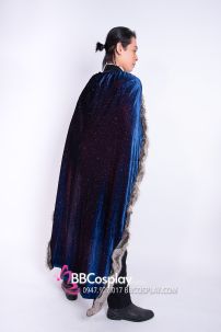 Áo Choàng Viền Lông Xám Xanh Cổ Vịt