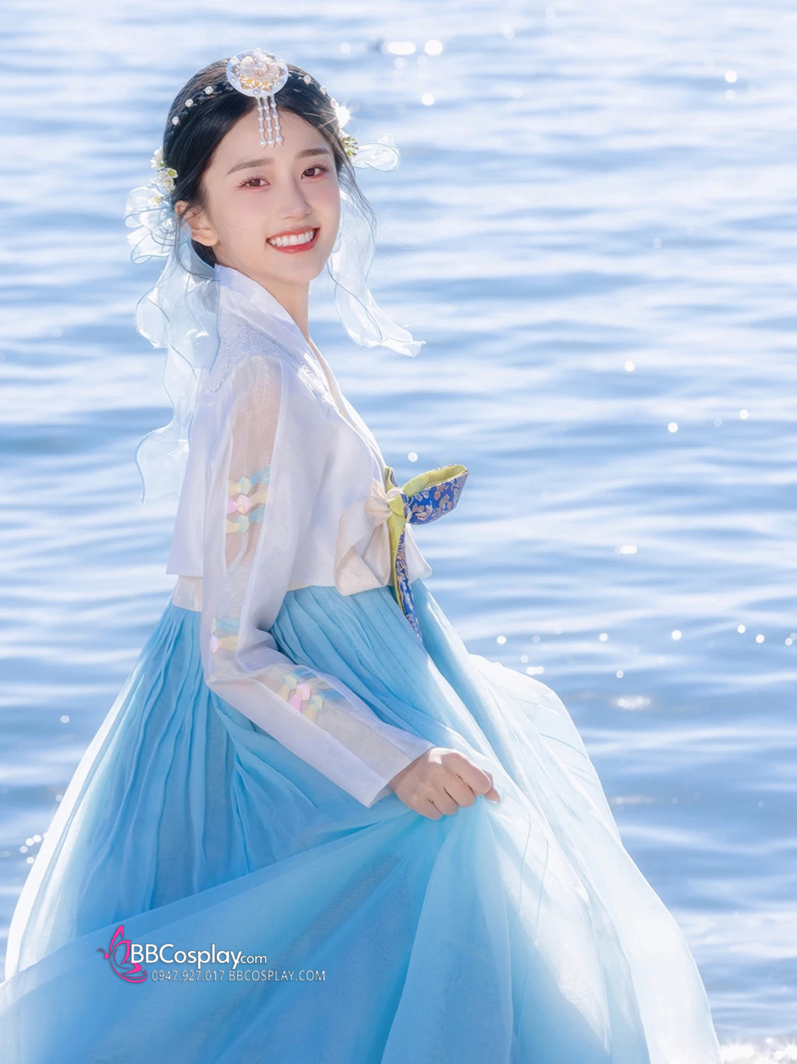 Cài Tóc Hanbok Hàn Quốc Xanh Hoa Trắng