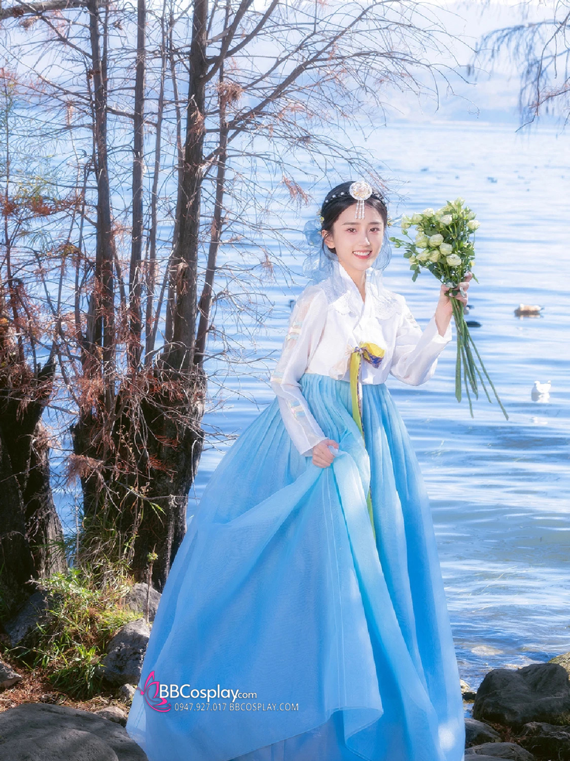 Cài Tóc Hanbok Hàn Quốc Xanh Hoa Trắng