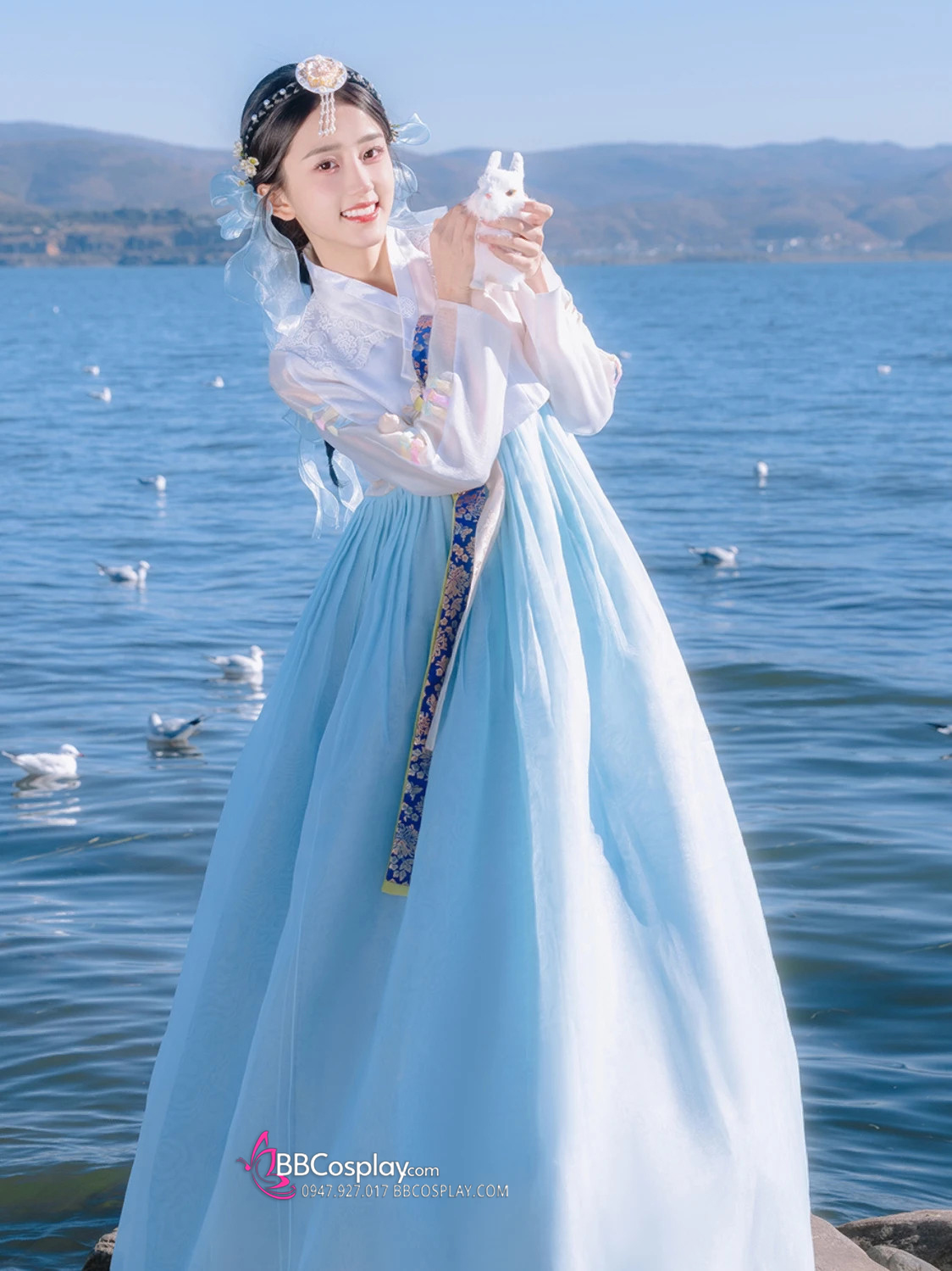 Cài Tóc Hanbok Hàn Quốc Xanh Hoa Trắng