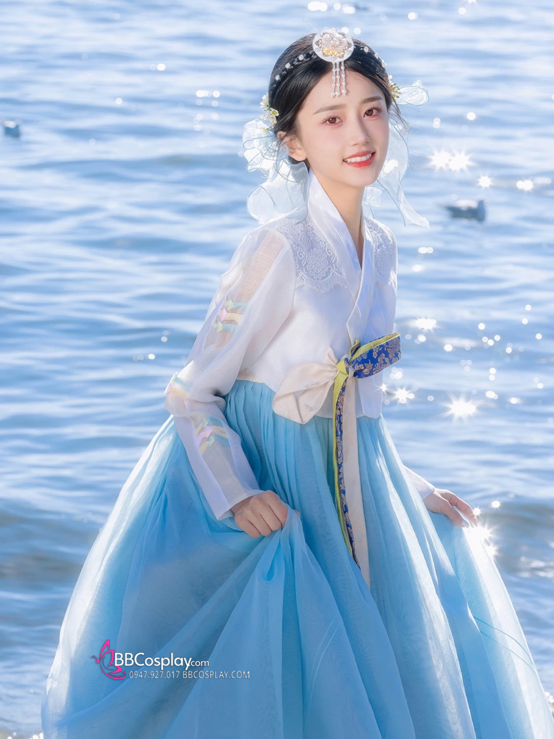 Cài Tóc Hanbok Hàn Quốc Xanh Hoa Trắng