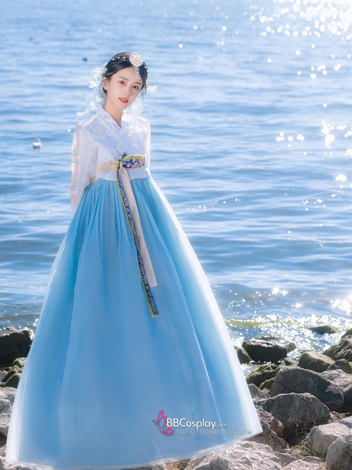 Cài Tóc Hanbok Hàn Quốc Xanh Hoa Trắng