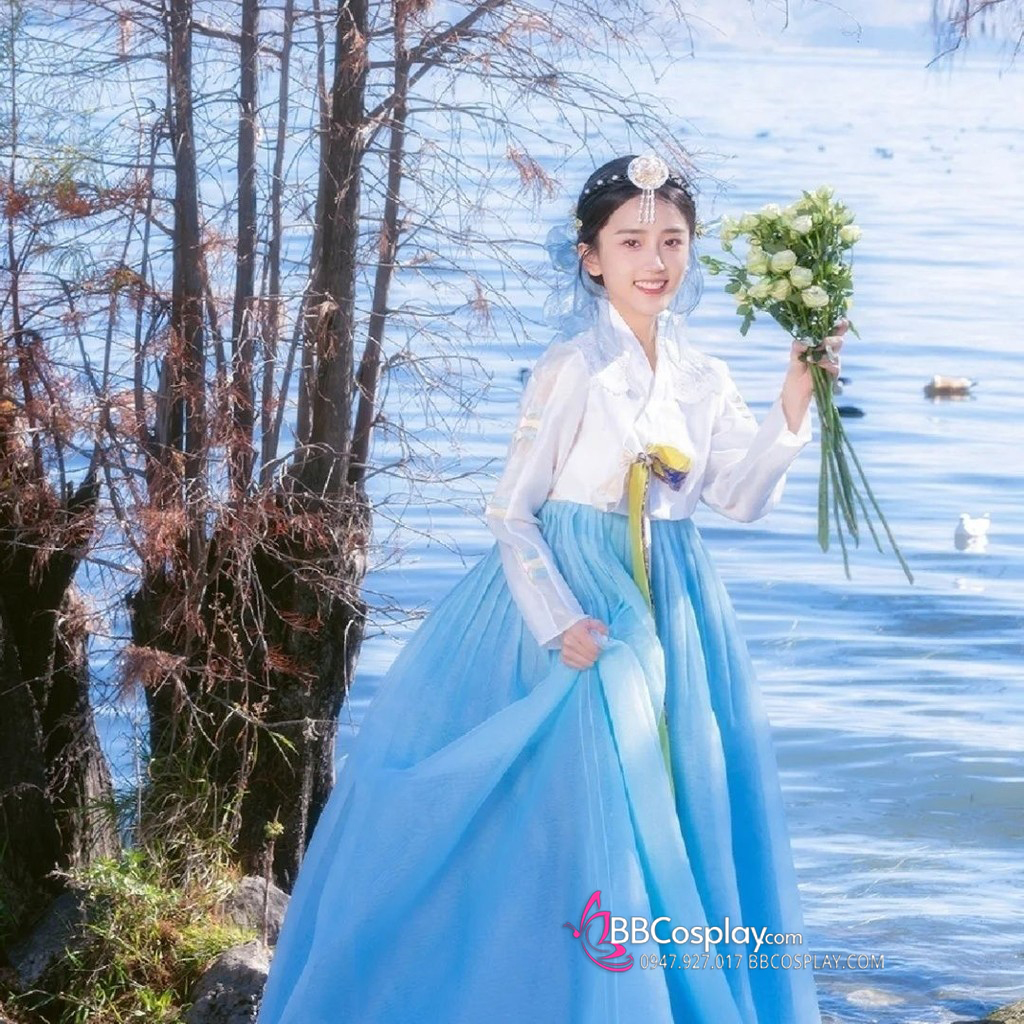 Cài Tóc Hanbok Hàn Quốc Xanh Hoa Trắng