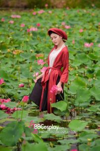 Trang Phục Tứ Thân Đỏ Yếm Trắng Chụp Sen