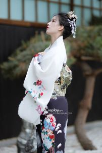 Áo Yukata Trắng Chân Đen Tặng Kèm Thắt Lưng