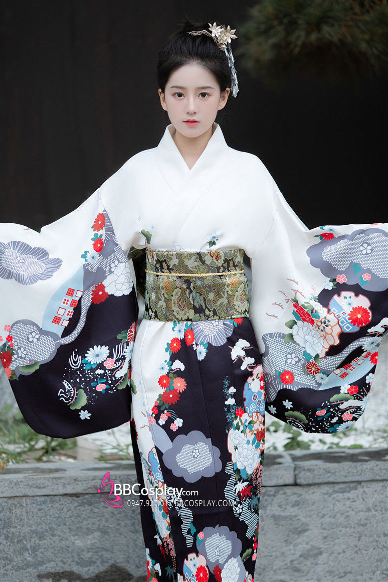 Áo Kimono Yukata Trắng Chân Đen Tặng Kèm Thắt Lưng