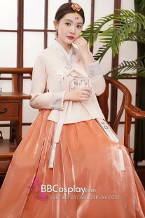Hanbok Cao Cấp Chuẩn Hàn Tone Cam Dịu Dàng