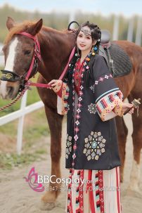 Hán Phục Tây Tạng Áo Đỏ Váy Kem Phối Khoác Đen