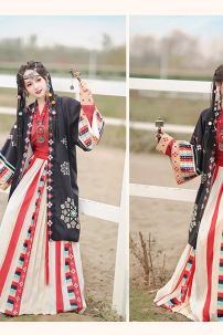 Hán Phục Tây Tạng Áo Đỏ Váy Kem Phối Khoác Đen