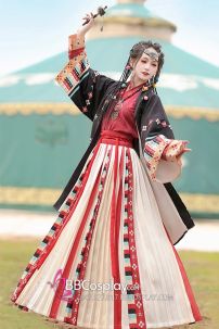 Hán Phục Tây Tạng Áo Đỏ Váy Kem Phối Khoác Đen