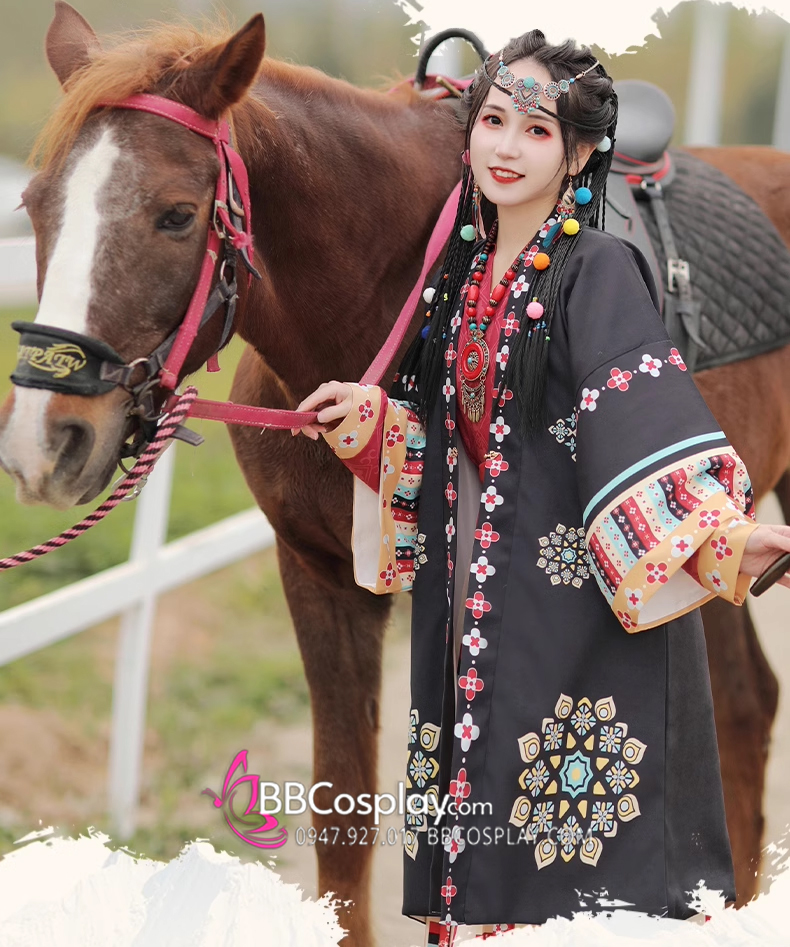Hán Phục Tây Tạng Áo Đỏ Váy Kem Phối Khoác Đen