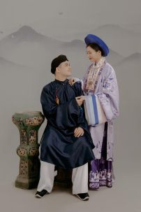 Đồ Cặp Đôi Việt Phục Ngũ Thân Xanh Và Nhật Bình Tím