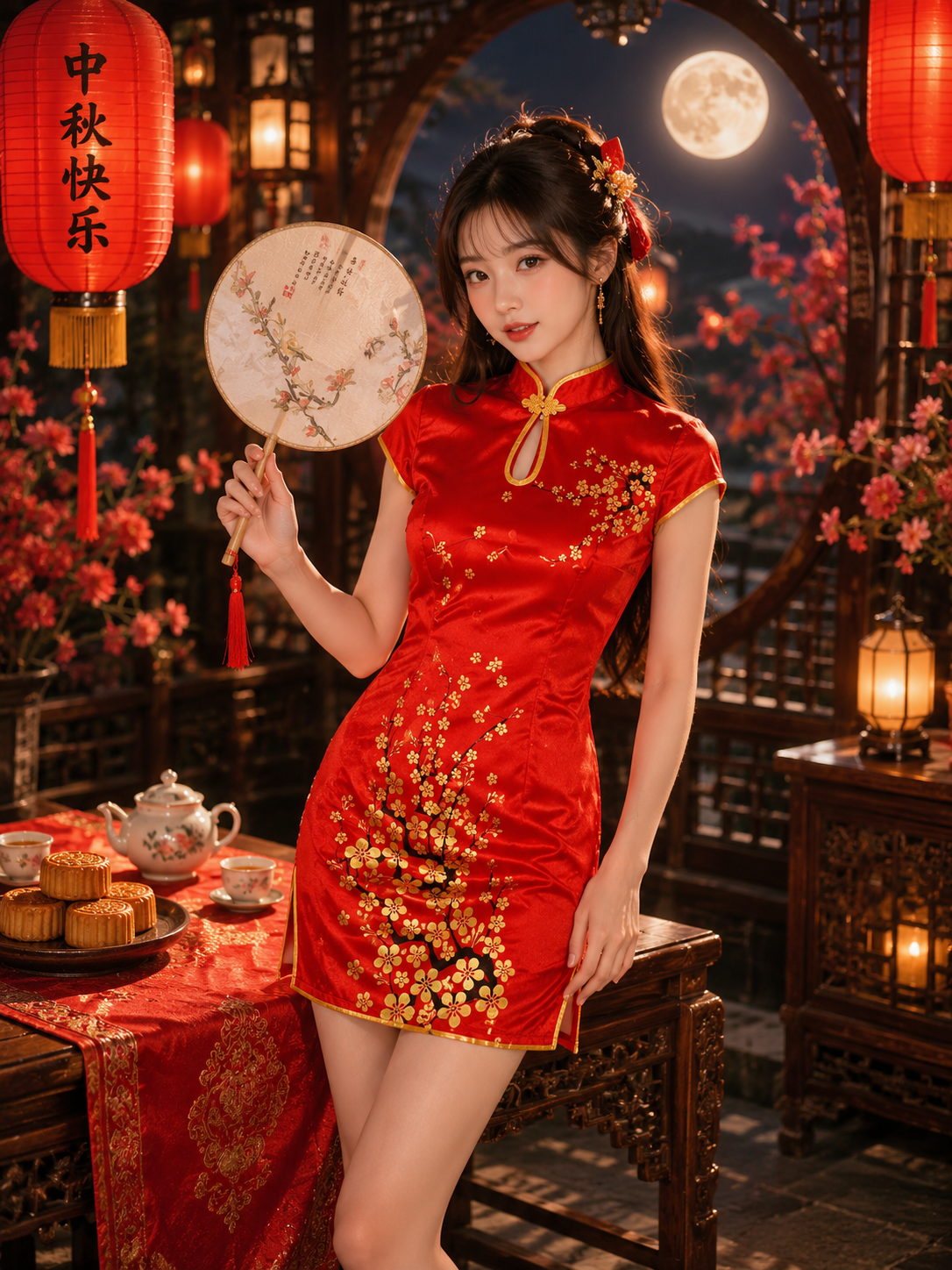 Sườn Xám Đỏ Phi Mai Vàng Size M