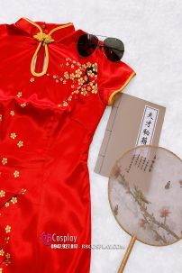 Sườn Xám Đỏ Phi Mai Vàng Size M