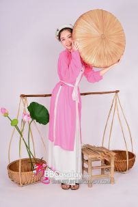 Bộ Áo Tứ Thân Hồng Yếm Thêu Đụp 2 Lớp Trắng