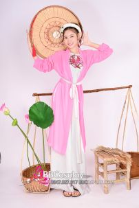 Bộ Áo Tứ Thân Hồng Yếm Thêu Đụp 2 Lớp Trắng