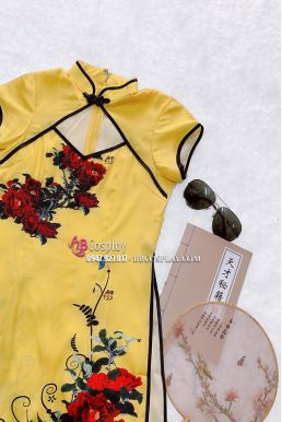 Áo Qiloli Vàng Hoa Bách Hợp Đỏ Phi Lụa Size S