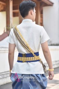 Đồ Thái Lan Nam Cao Cấp Áo Trắng Dệt Kim Quần Gấm Xanh