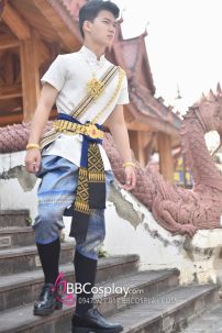 Đồ Thái Lan Nam Cao Cấp Áo Trắng Dệt Kim Quần Gấm Xanh