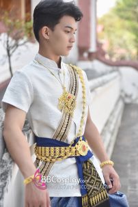 Đồ Thái Lan Nam Cao Cấp Áo Trắng Dệt Kim Quần Gấm Xanh