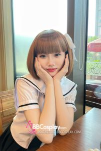 Tóc Giả Màu Cam Đào Ngắn Ngang Vai Mái Ngang - Ảnh Thật