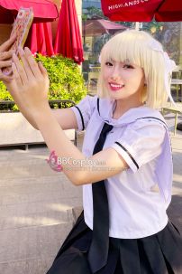 Tóc Giả Vàng Bạch Kim Ngắn Ngang Vai Mái Ngang - Ảnh Thật