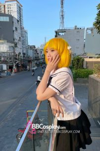 Tóc Giả Vàng Chanh Ngắn Ngang Vai Mái Ngang - Ảnh Thật