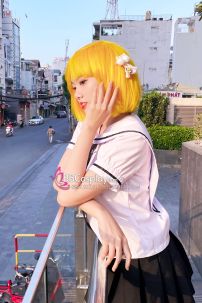 Tóc Giả Vàng Chanh Ngắn Ngang Vai Mái Ngang - Ảnh Thật