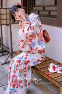 Áo Yukata Trắng Nền Hoa Caro Đỏ