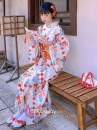Áo Yukata Trắng Nền Hoa Caro Đỏ