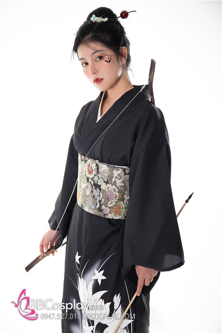 Áo Kimono Yukata Nữ Cung Thủ Archer Đen Hoa Trắng