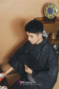 Yukata Nam Đen Sọc Thắt Lưng Xám