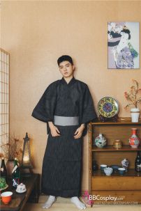 Yukata Nam Đen Sọc Thắt Lưng Xám