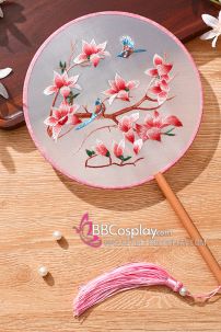 Quạt Tròn Thêu Hoa Màu Hồng