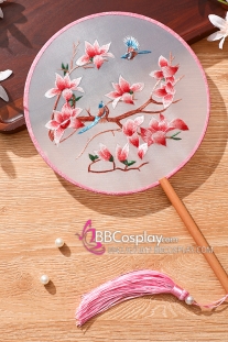 Quạt Tròn Thêu Hoa Màu Hồng