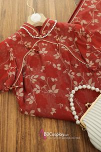 Sườn Xám Đỏ Dài Tay Cánh Tiên Hoạ Tiết Lá Thu