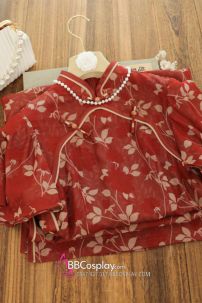 Sườn Xám Đỏ Dài Tay Cánh Tiên Hoạ Tiết Lá Thu