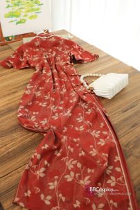 Sườn Xám Đỏ Dài Tay Cánh Tiên Hoạ Tiết Lá Thu