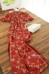 Sườn Xám Đỏ Dài Tay Cánh Tiên Hoạ Tiết Lá Thu