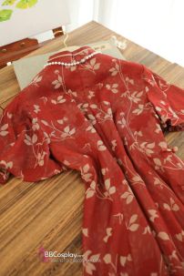 Sườn Xám Đỏ Dài Tay Cánh Tiên Hoạ Tiết Lá Thu