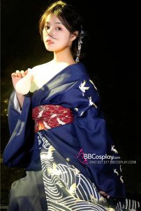 Yukata Xanh Hạc Bay Giá Rẻ Tặng Kèm Thắt Lưng