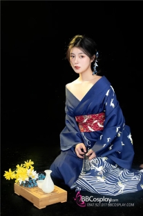 Yukata Xanh Hạc Bay Giá Rẻ Tặng Kèm Thắt Lưng