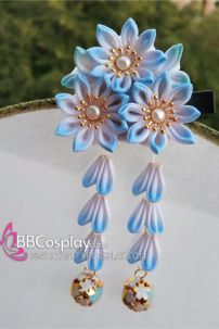 Kanzashi Nhật Bản 3 Hoa Xanh Dương -  Loại 2 Dây Hoa